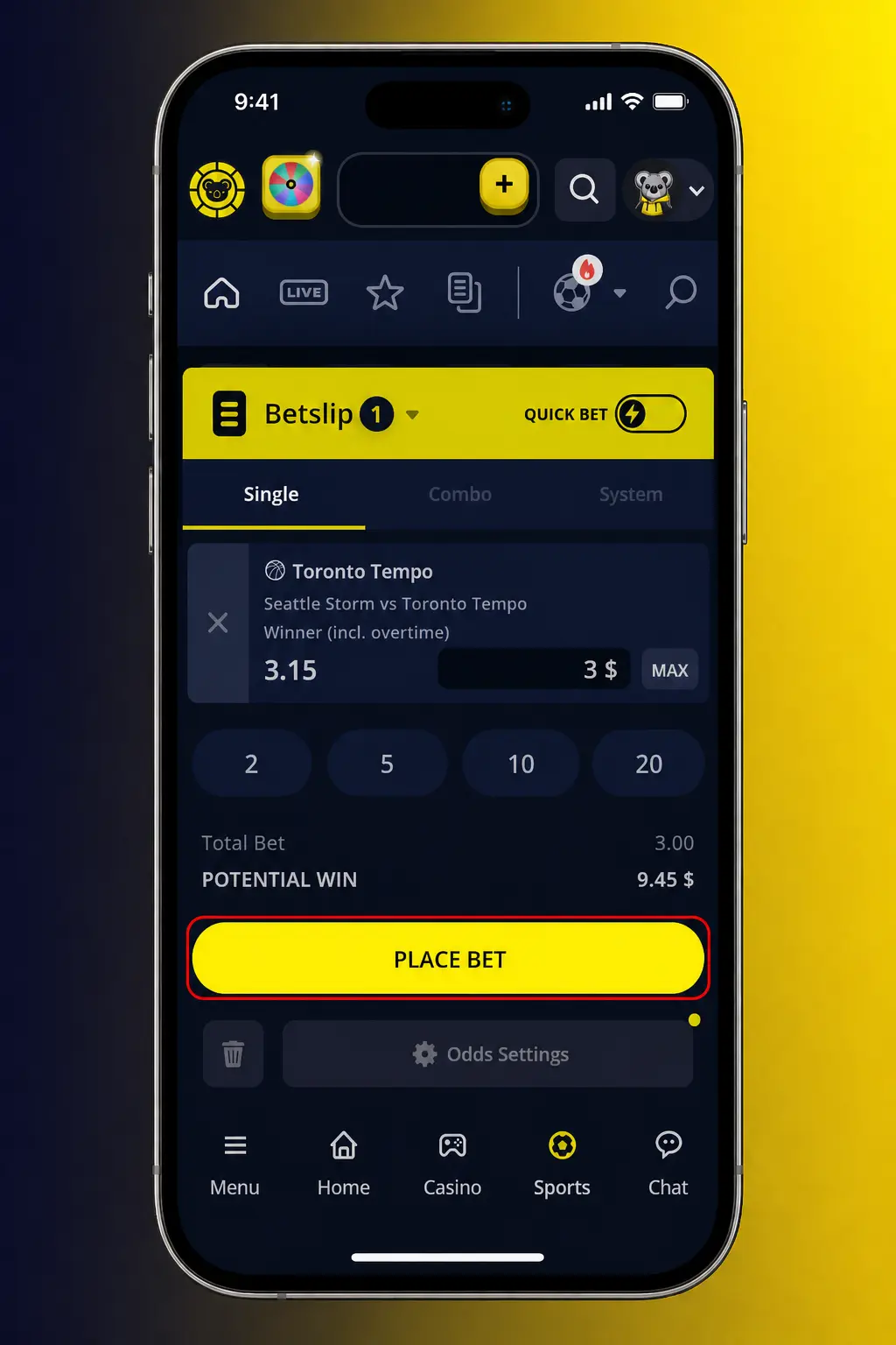 Step-by-step screenshot of placing a basketball bet on KoalaBet, showing odds, bet slip, and stake confirmation.
