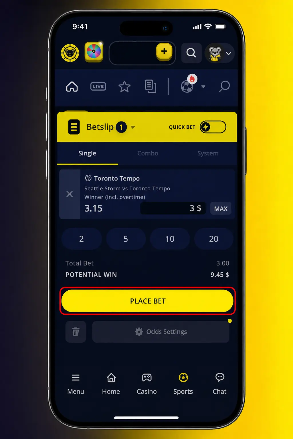 Step-by-step screenshot showing how to place a tennis bet on KoalaBet, from selecting a match to confirming the stake.