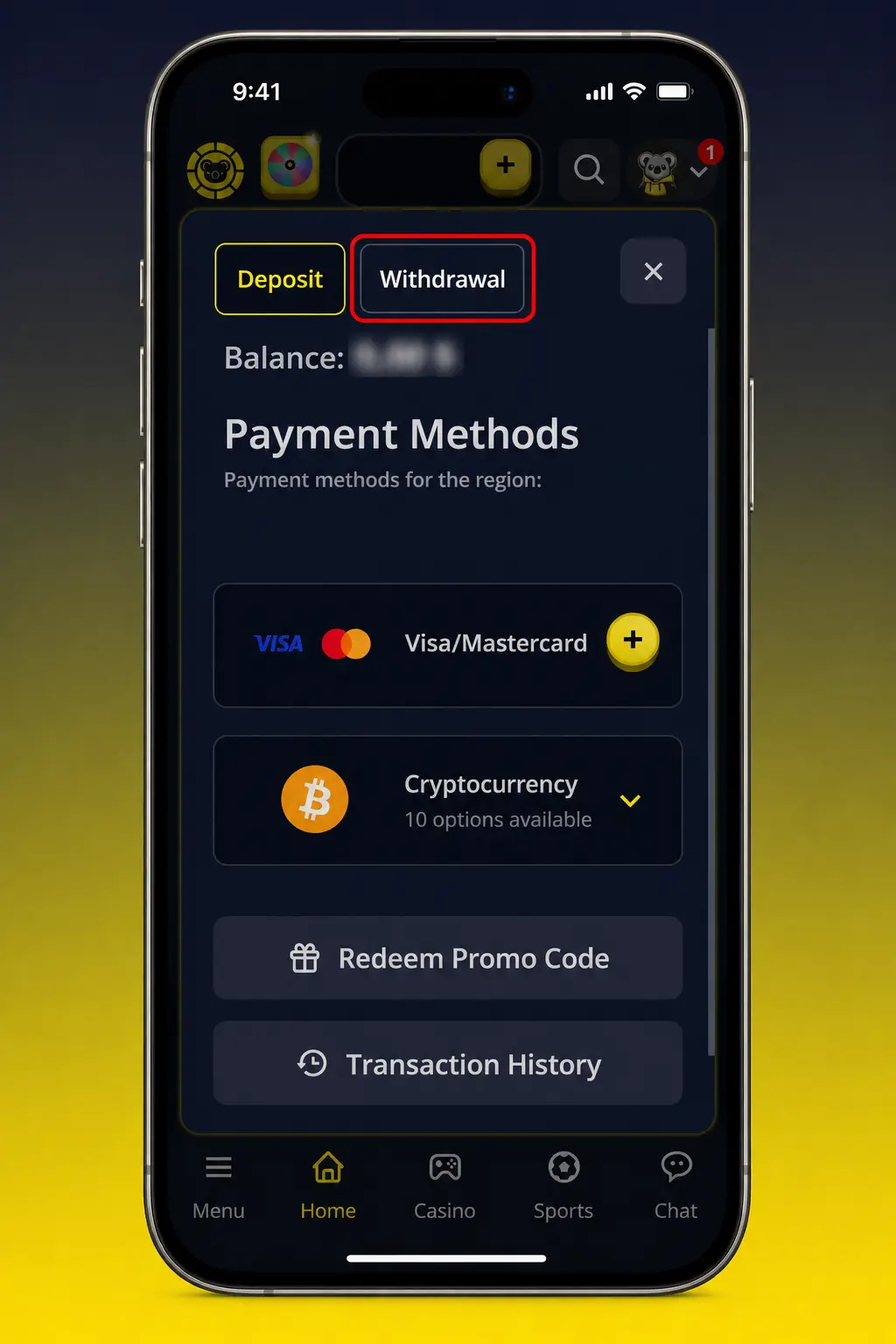 Step-by-step guide showing how to withdraw money from KoalaBet via the Cashier withdrawal tab
